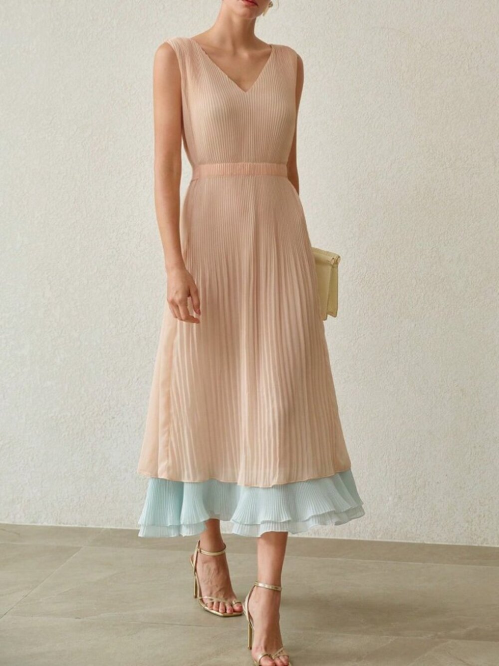 Ivory Pleated Midi Dress with Contrast Ruffle Hem